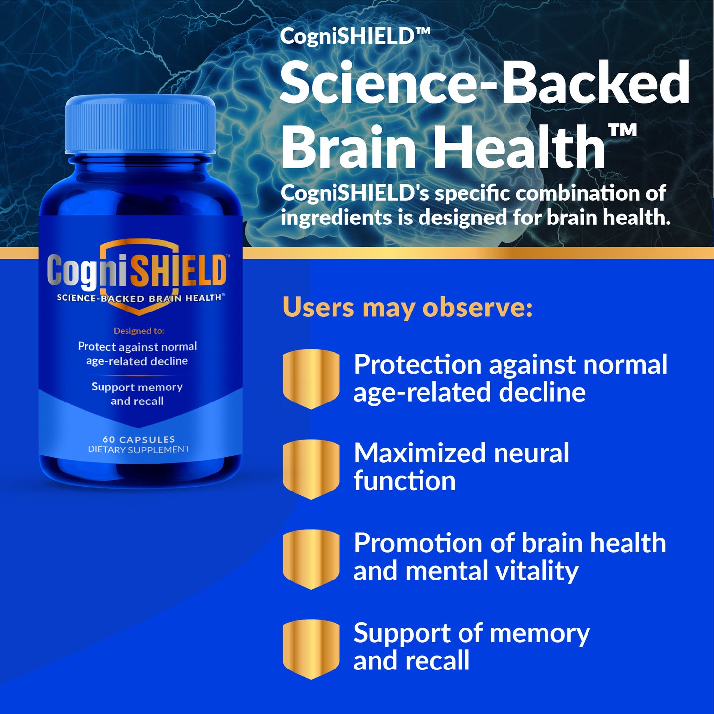 CogniSHIELD brain health supplement bottle with text on a blue and black background