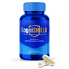 Blue bottle of CogniSHIELD dietary supplement with capsules on a white background