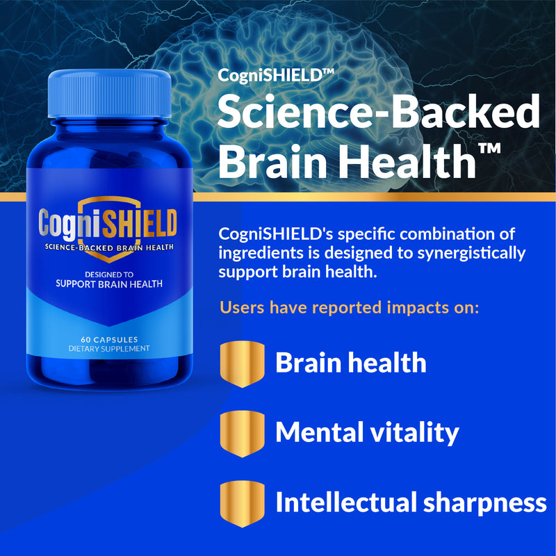 CogniSHIELD brain health supplement bottle with text on a blue background