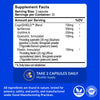 Supplement facts label with ingredients and dosing information on a blue background