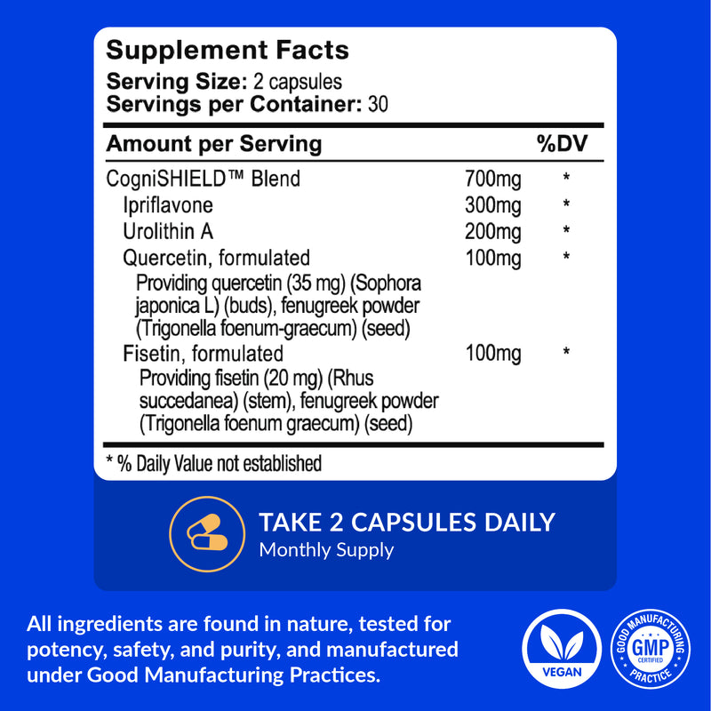 Supplement facts label with ingredients and dosing information on a blue background