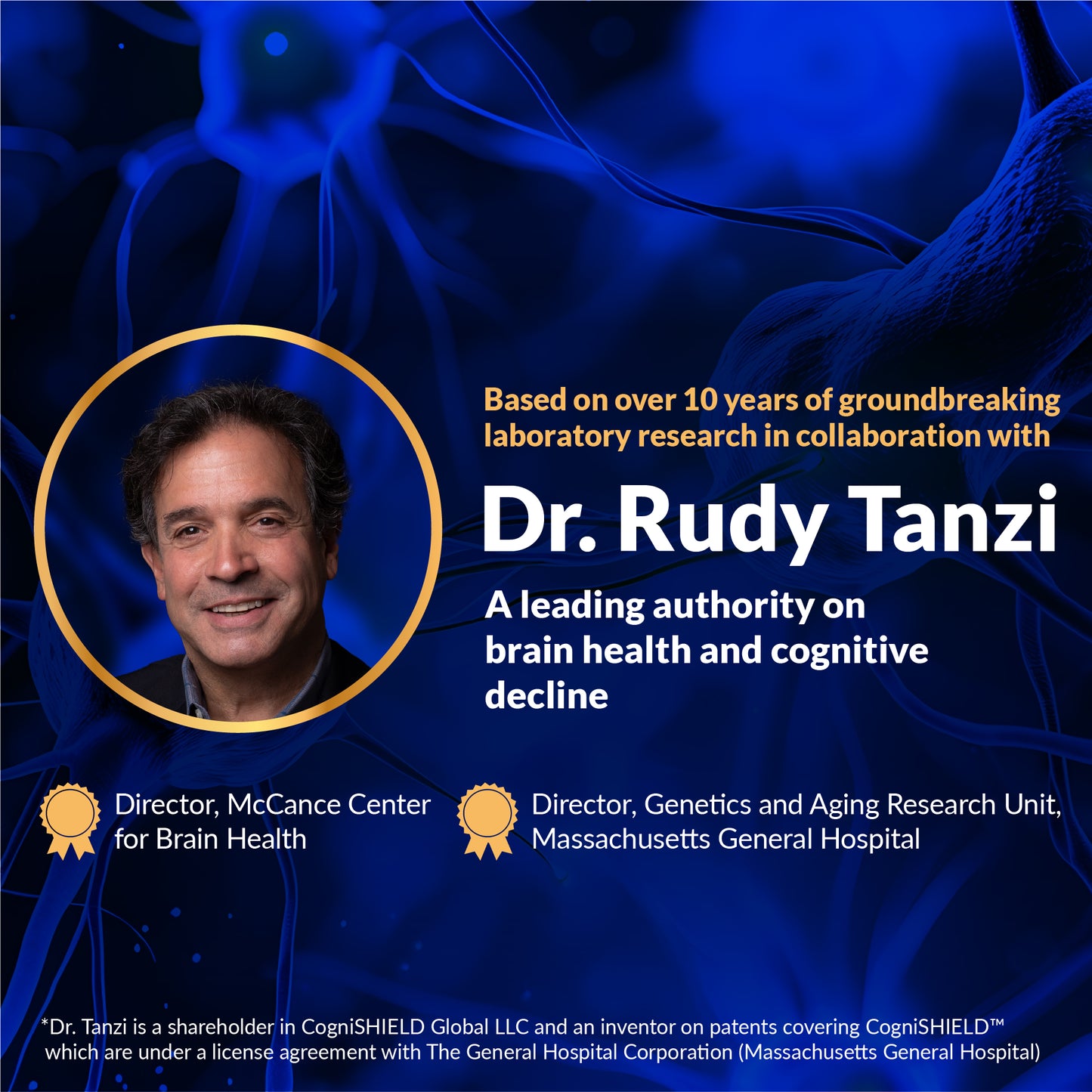 Promotional graphic featuring Dr. Rudy Tanzi with text about his research on brain health and cognitive decline.