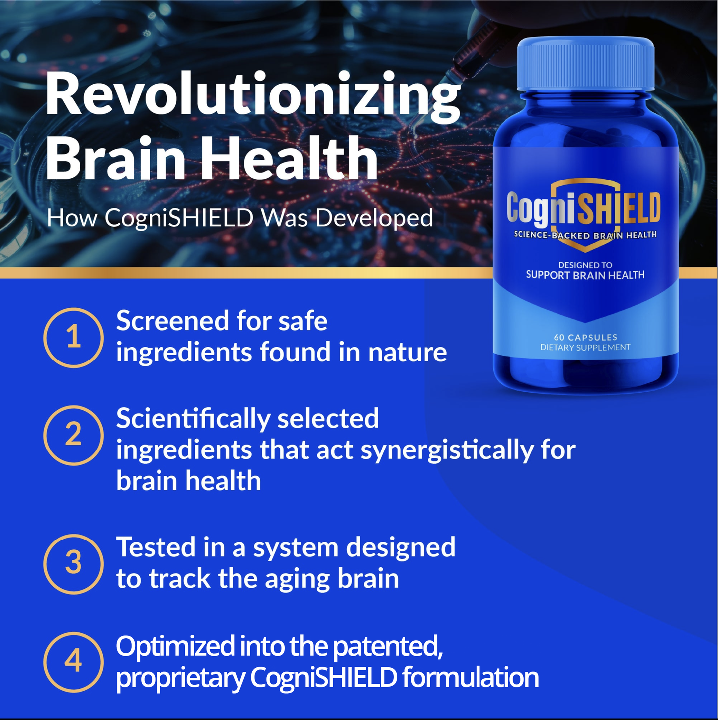 CogniSHIELD brain health supplement bottle with features listed on a blue background