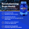CogniSHIELD brain health supplement bottle with features listed on a blue background