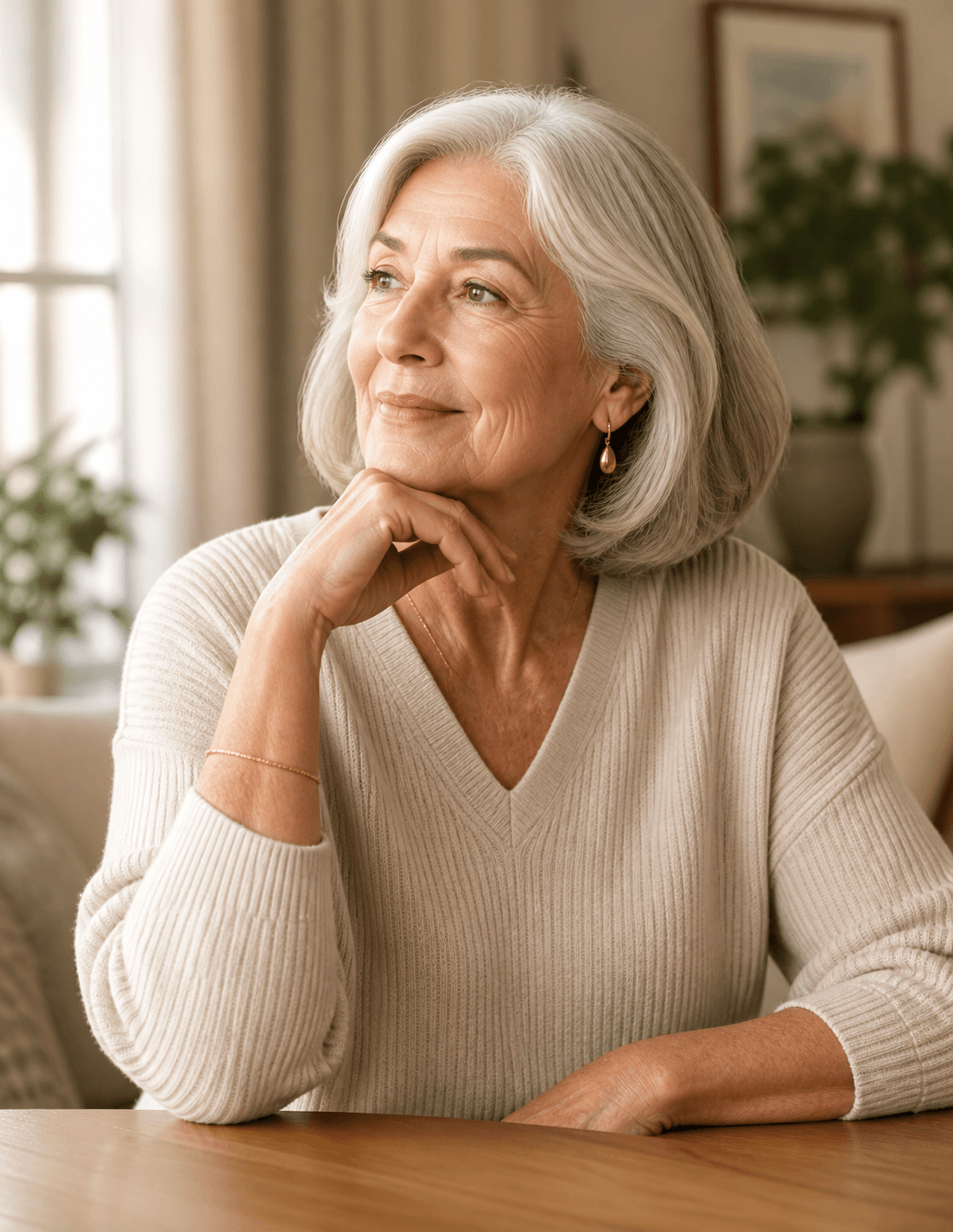 Woman quietly reflecting at home