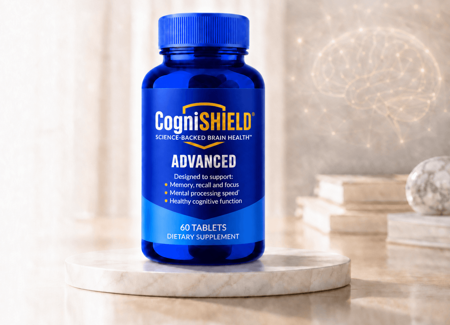 CogniSHIELD® Advanced dietary supplement on a marble pedestal
