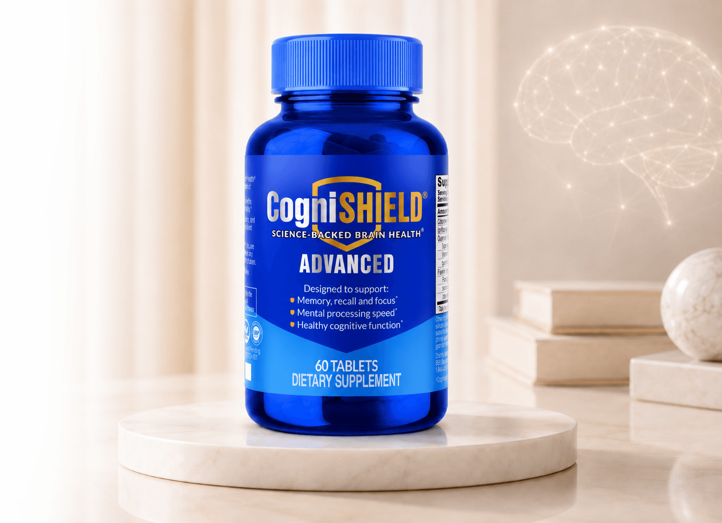 CogniSHIELD® Advanced dietary supplement on a marble pedestal