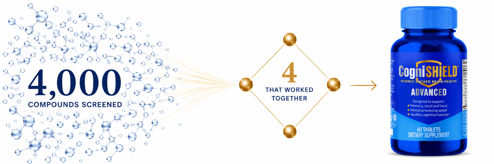 Four thousand compounds screened to identify four compounds that work together in CogniSHIELD® Advanced
