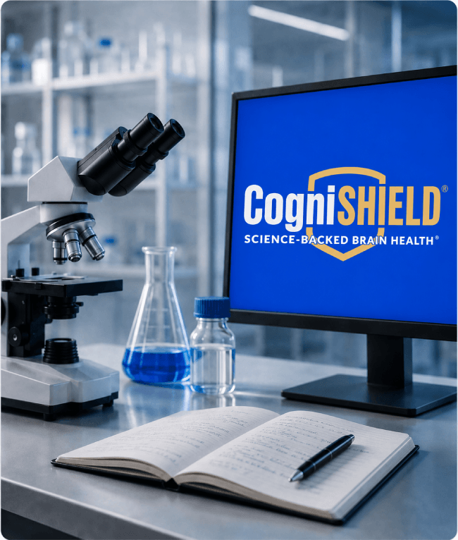 Microscope, laboratory glassware, and CogniSHIELD® Advanced research monitor