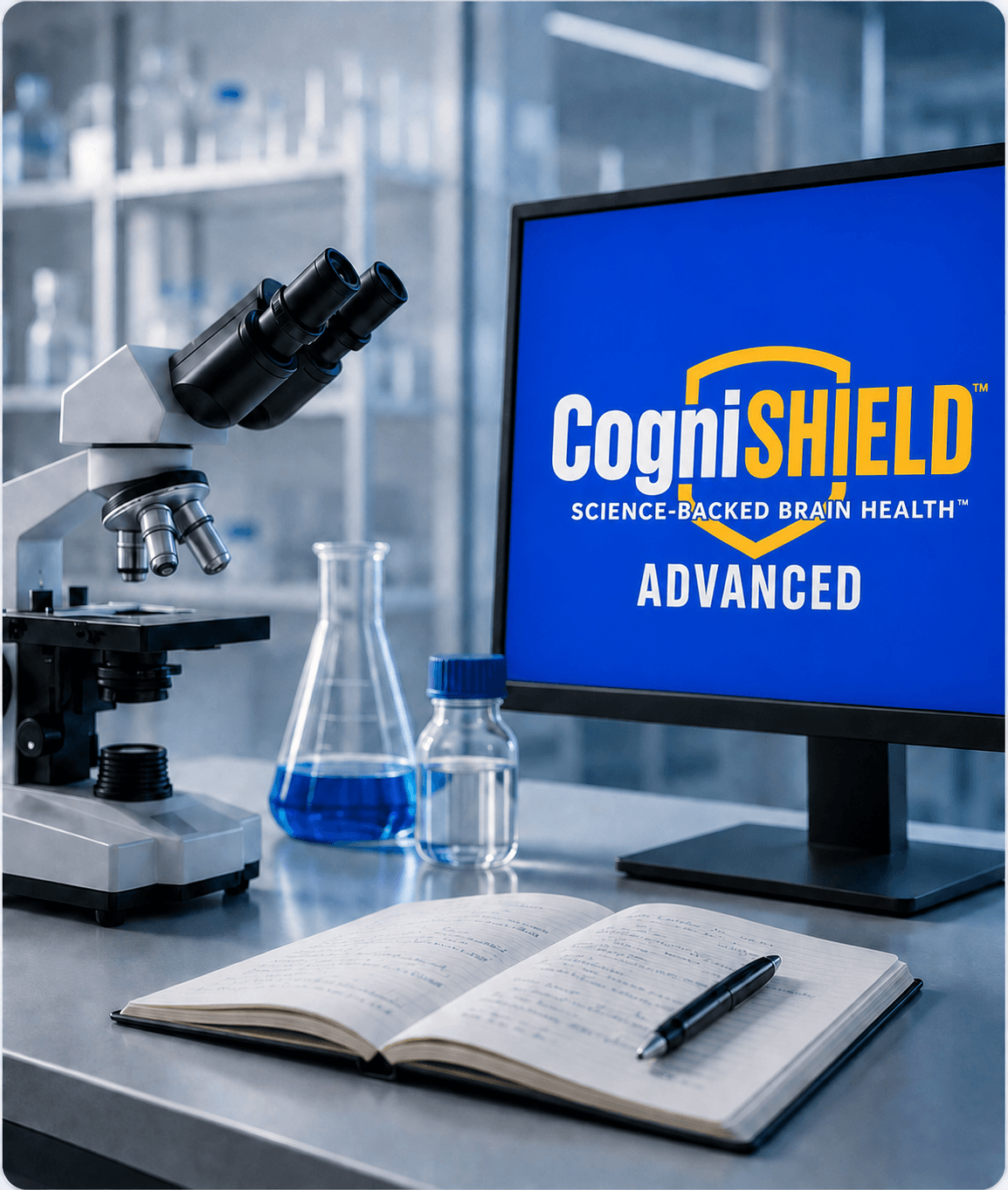 Microscope, laboratory glassware, and CogniSHIELD® Advanced research monitor