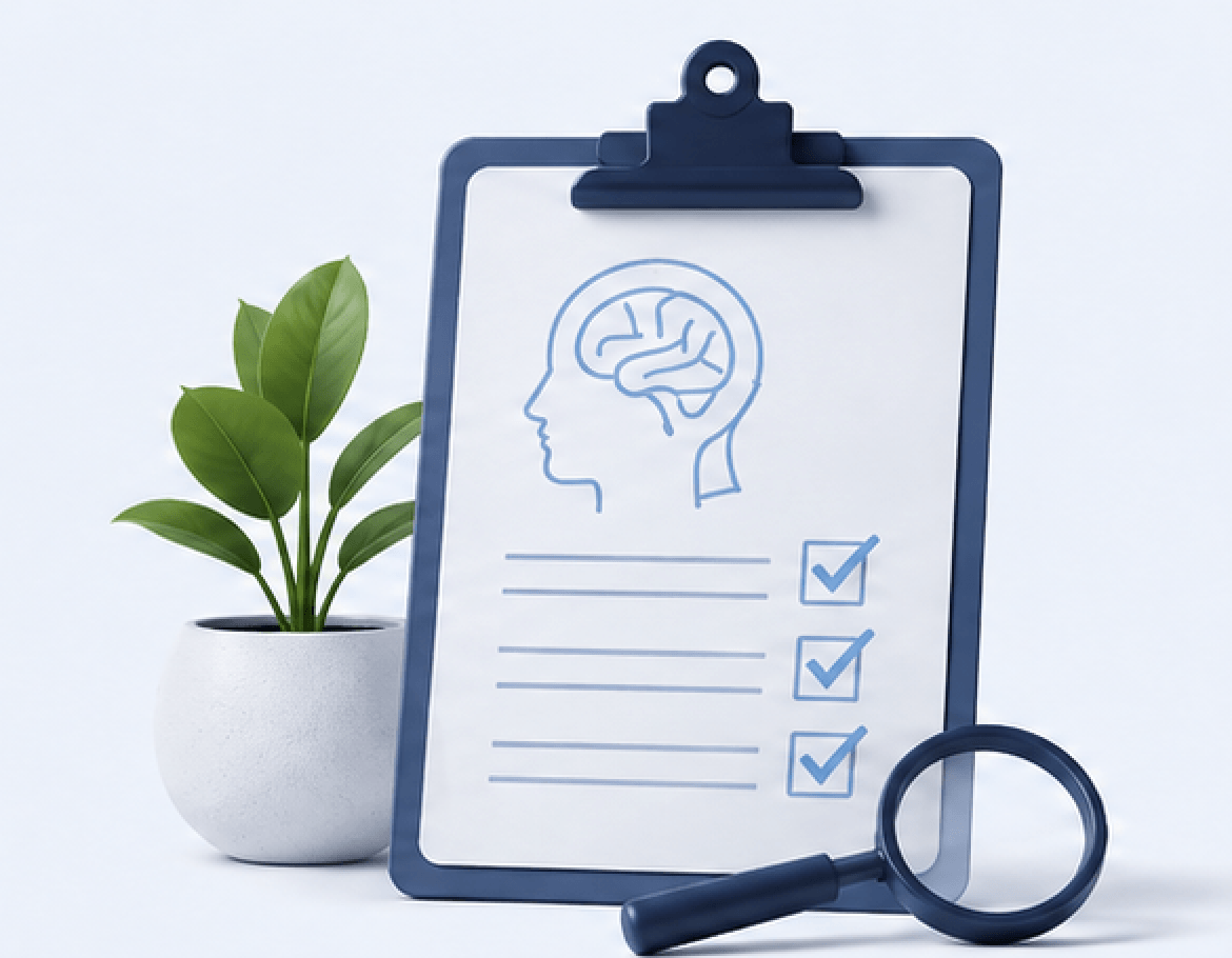 Checklist showing brain-health screening, with a plant and magnifying glass